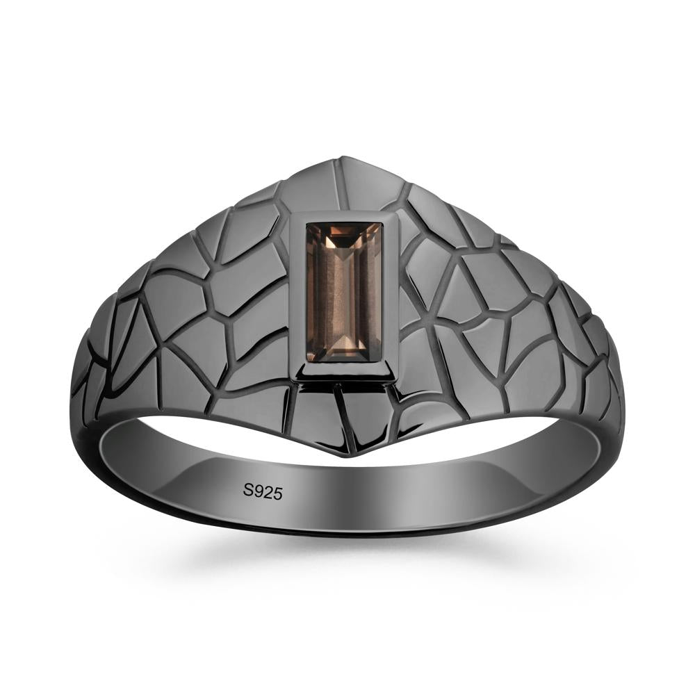 Baguette Smoky Quartz Ring with Cracked Texture - LUO Jewelry #metal_black finish sterling silver