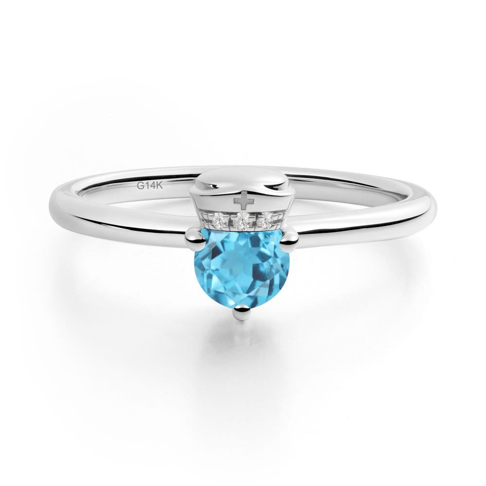Nurse Cap Inspired Swiss Blue Topaz Ring - LUO Jewelry #metal_14k white gold