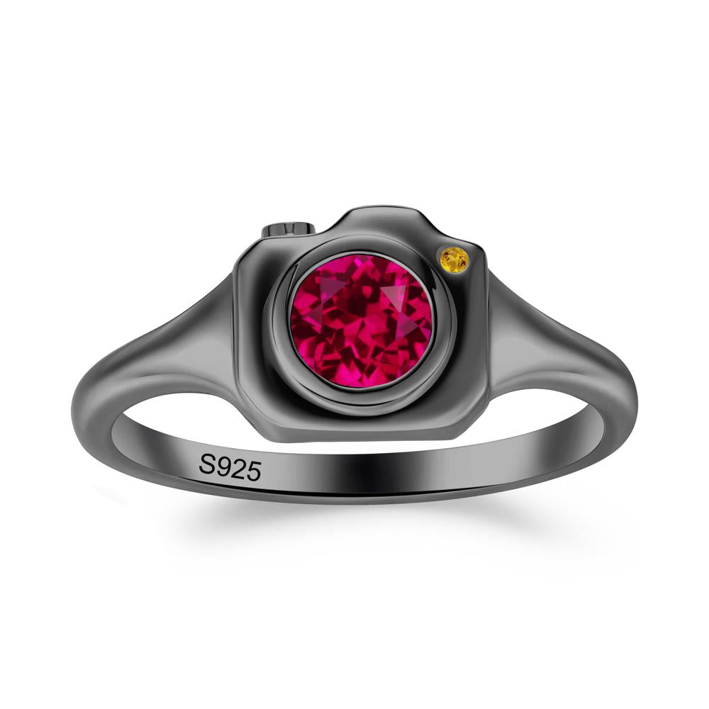 Round Bezel Set Ruby and Citrine Ring - LUO Jewelry #metal_black finish sterling silver