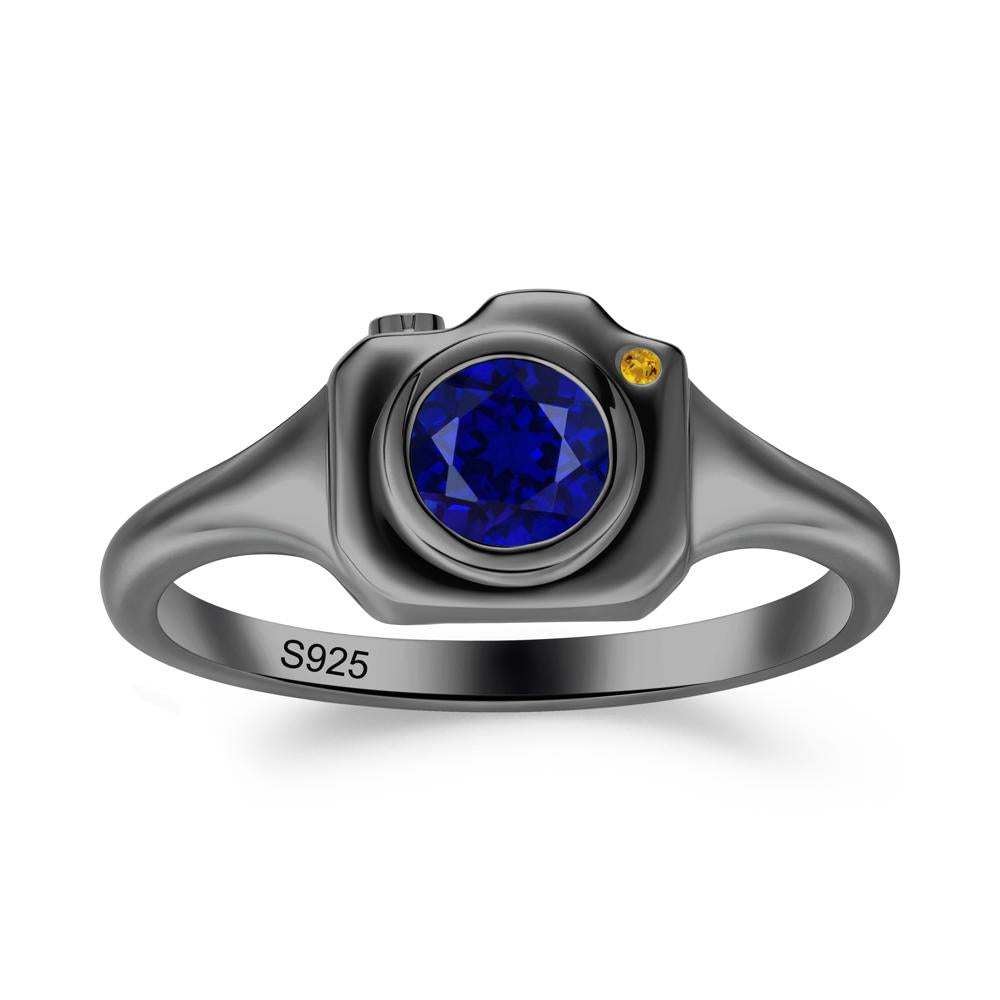 Round Bezel Set Sapphire and Citrine Ring - LUO Jewelry #metal_black finish sterling silver
