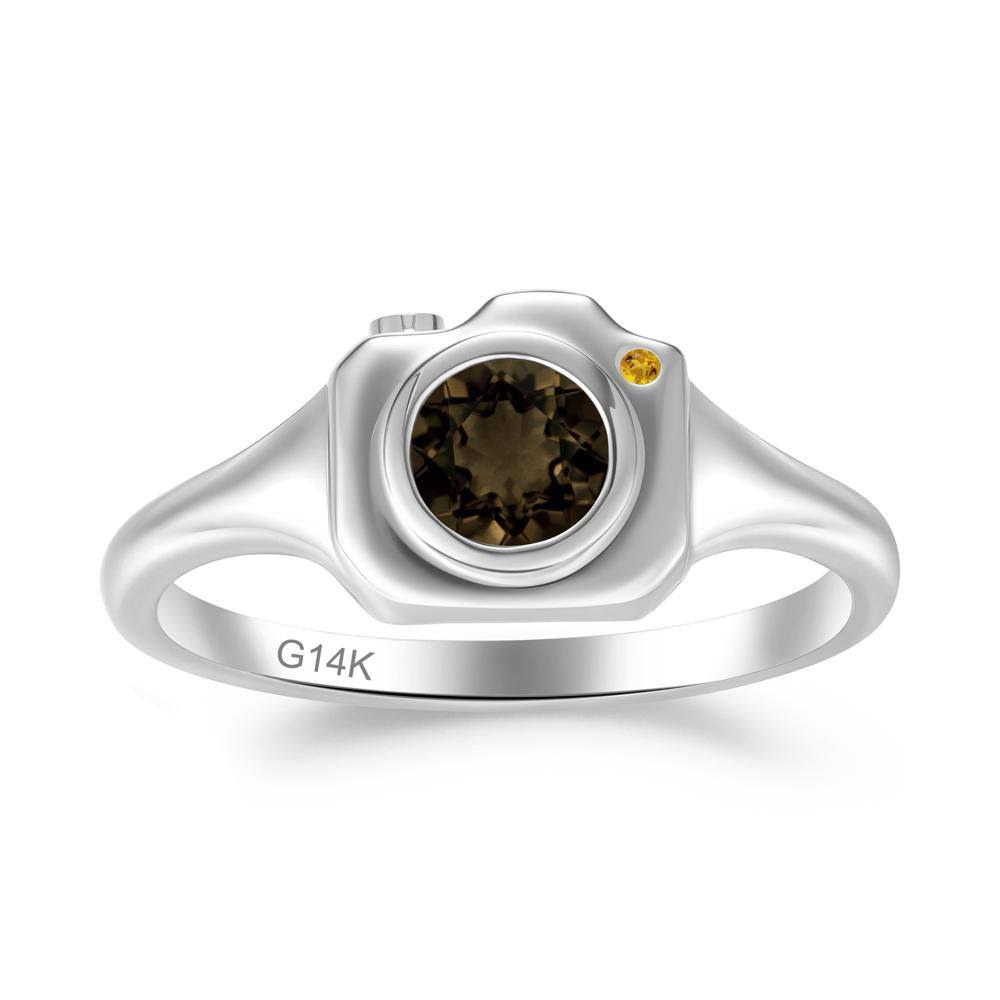 Round Bezel Set Smoky Quartz and Citrine Ring - LUO Jewelry #metal_14k white gold