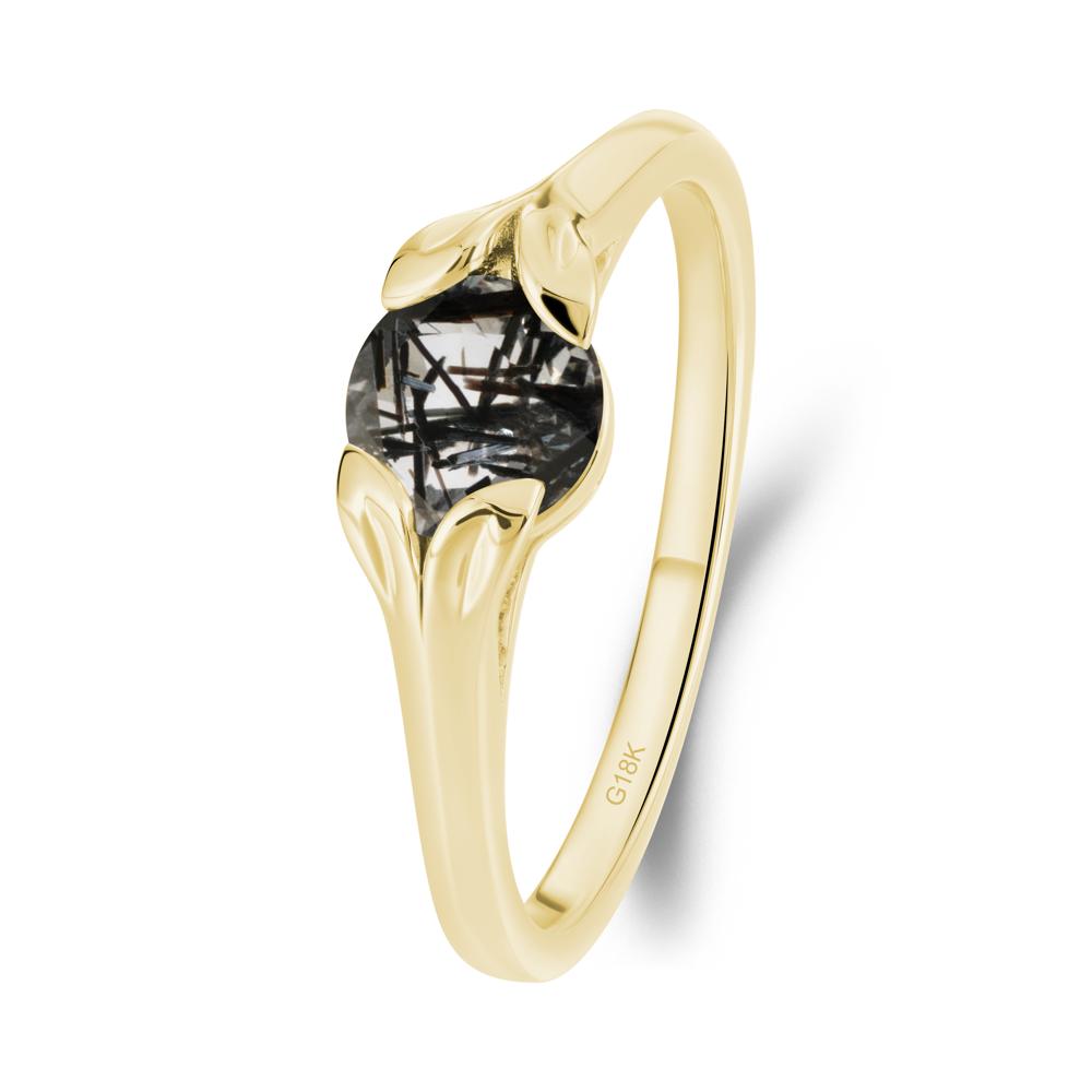 Round Black Rutilated Quartz Leaf Ring - LUO Jewelry #metal_18k yellow gold