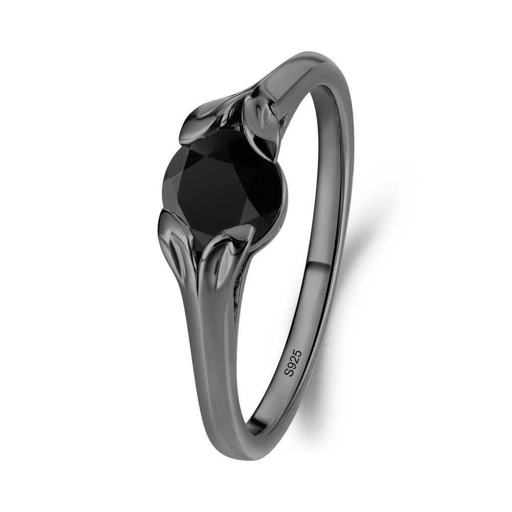 Round Black Spinel Leaf Ring - LUO Jewelry #metal_black finish sterling silver