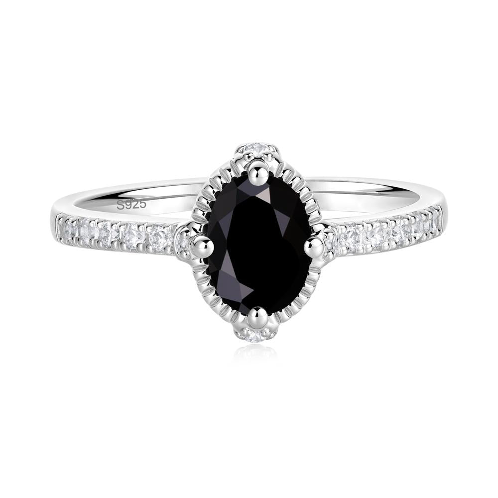 Oval Black Spinel Milgrain Halo Ring - LUO Jewelry #metal_sterling silver