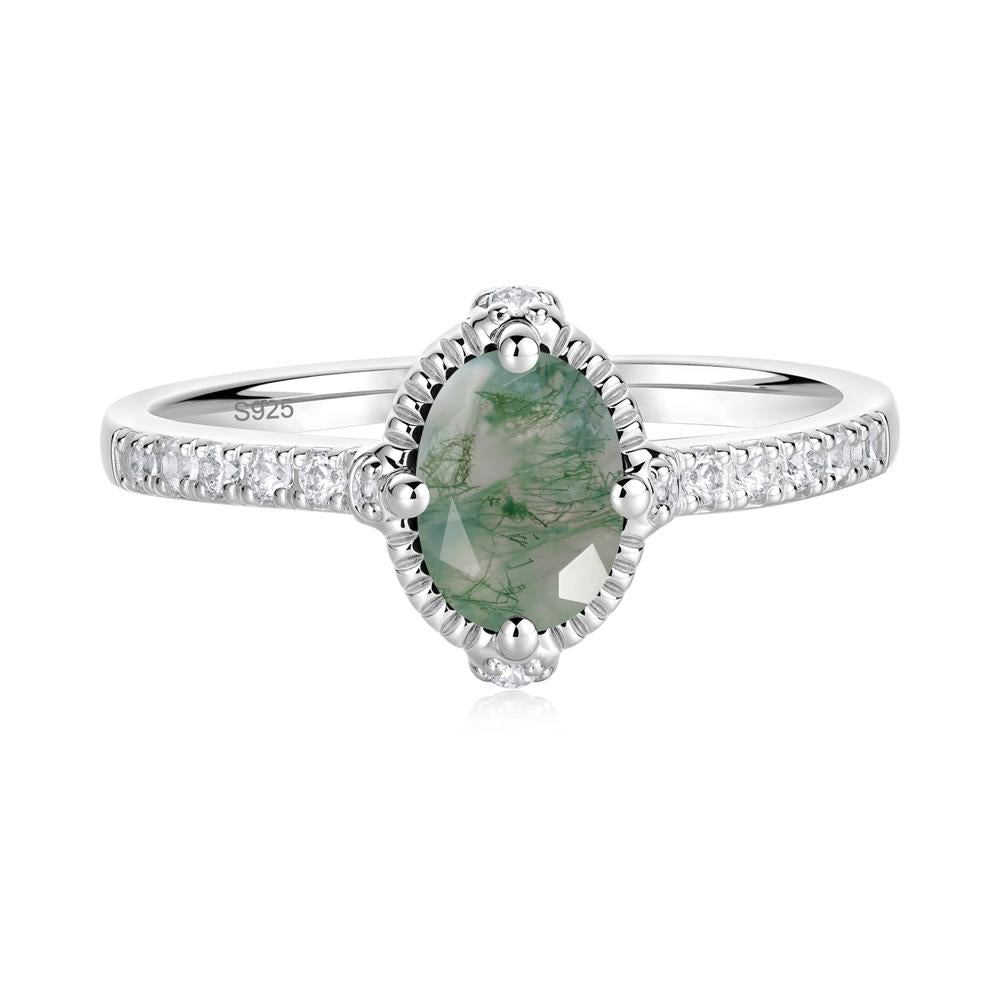 Oval Moss Agate Milgrain Halo Ring - LUO Jewelry #metal_sterling silver
