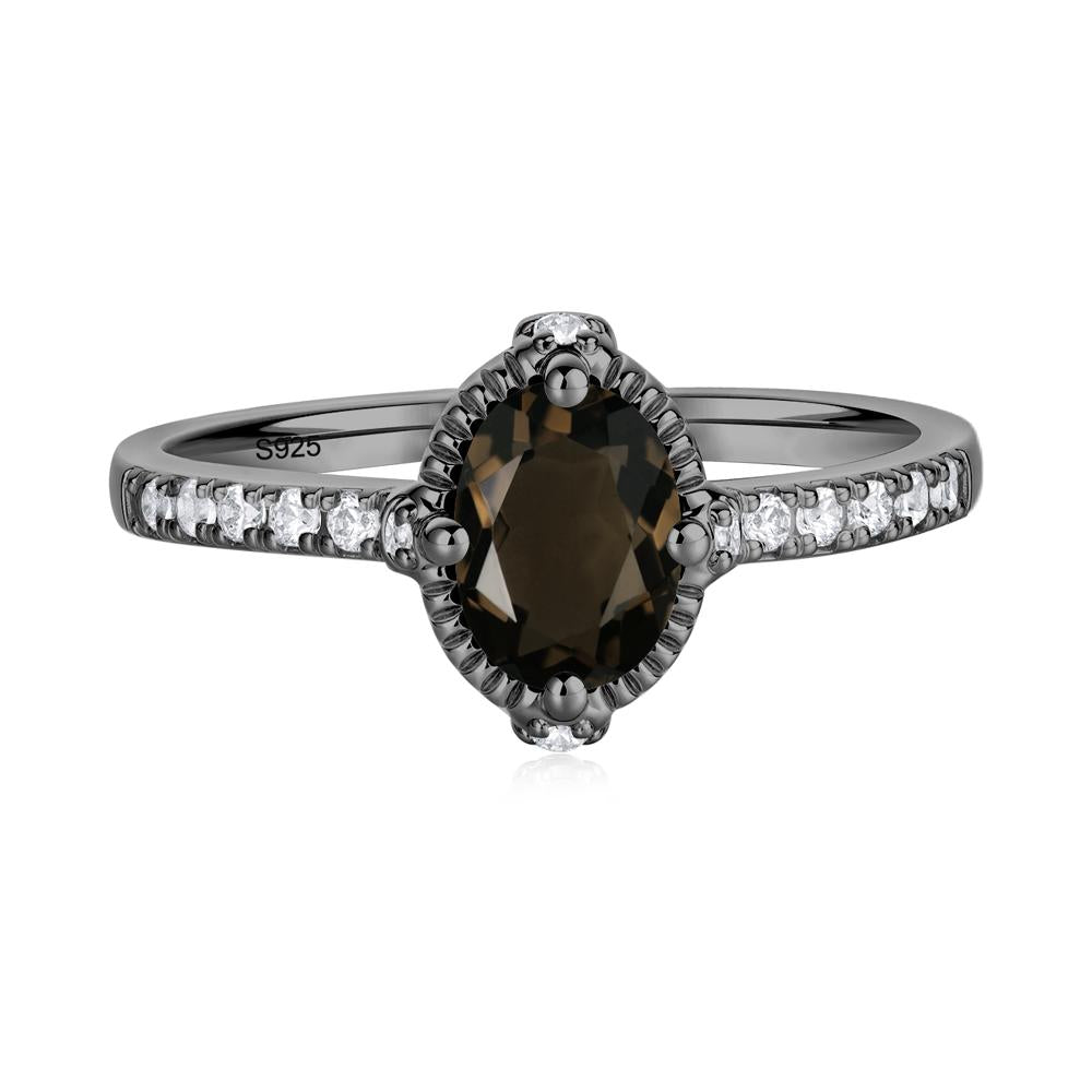 Oval Smoky Quartz Milgrain Halo Ring - LUO Jewelry #metal_black finish sterling silver