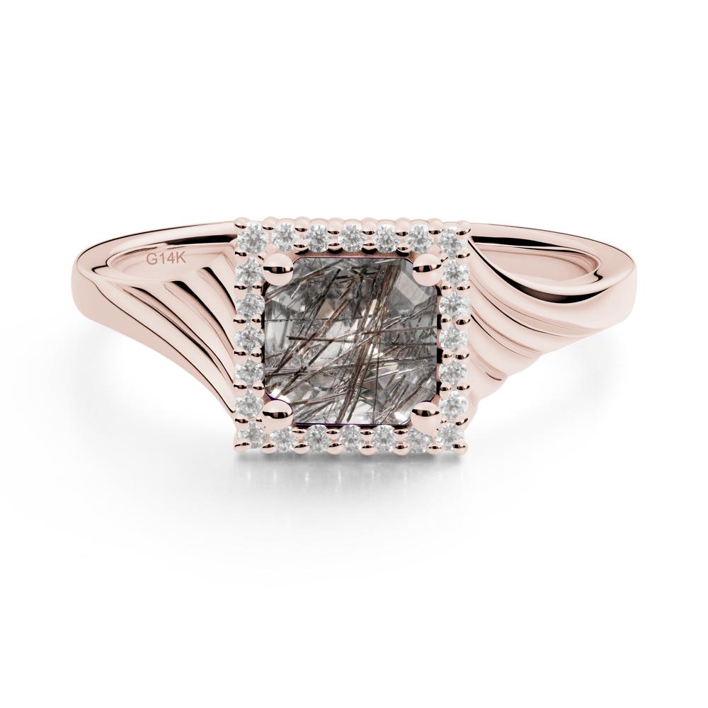 Asscher Cut Black Rutilated Quartz Halo Ring - LUO Jewelry #metal_14k rose gold