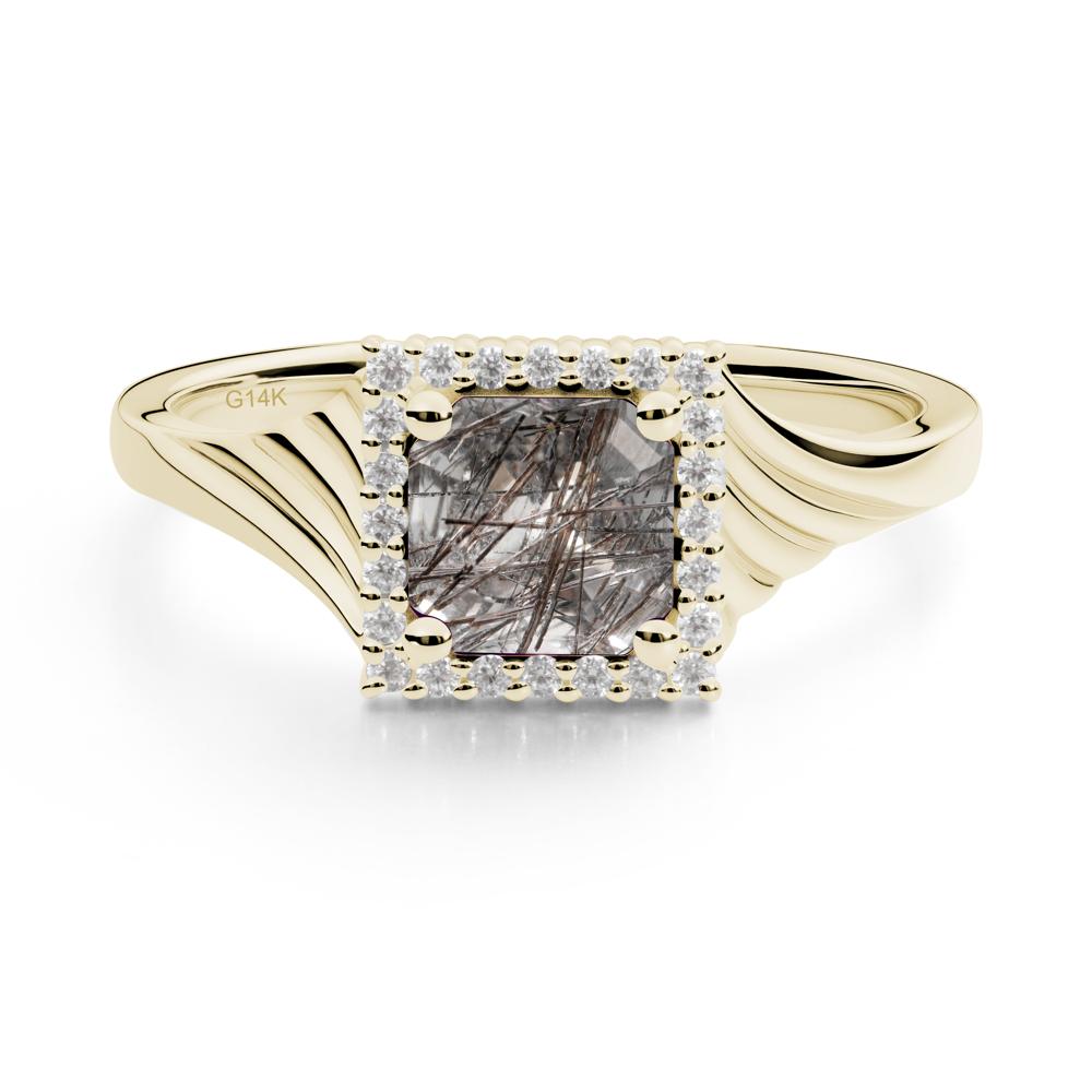 Asscher Cut Black Rutilated Quartz Halo Ring - LUO Jewelry #metal_14k yellow gold