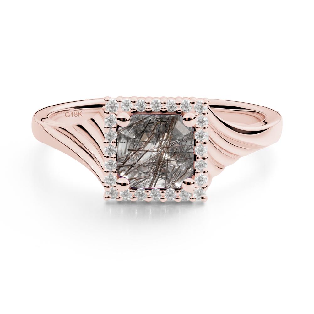 Asscher Cut Black Rutilated Quartz Halo Ring - LUO Jewelry #metal_18k rose gold