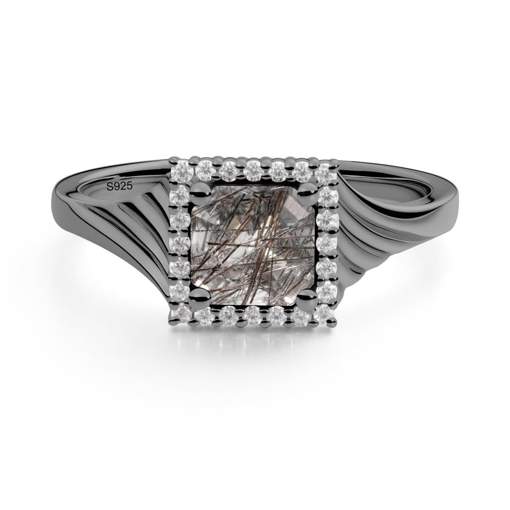 Asscher Cut Black Rutilated Quartz Halo Ring - LUO Jewelry #metal_black finish sterling silver