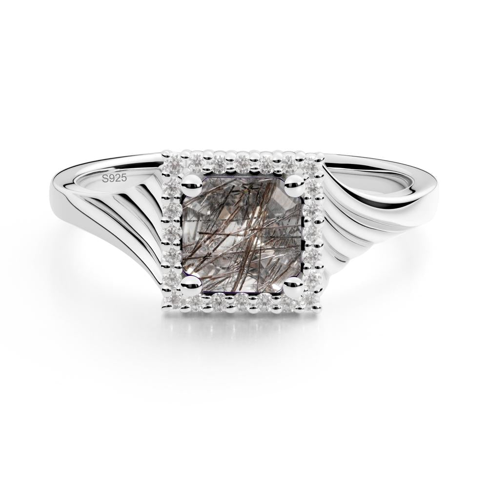 Asscher Cut Black Rutilated Quartz Halo Ring - LUO Jewelry #metal_sterling silver