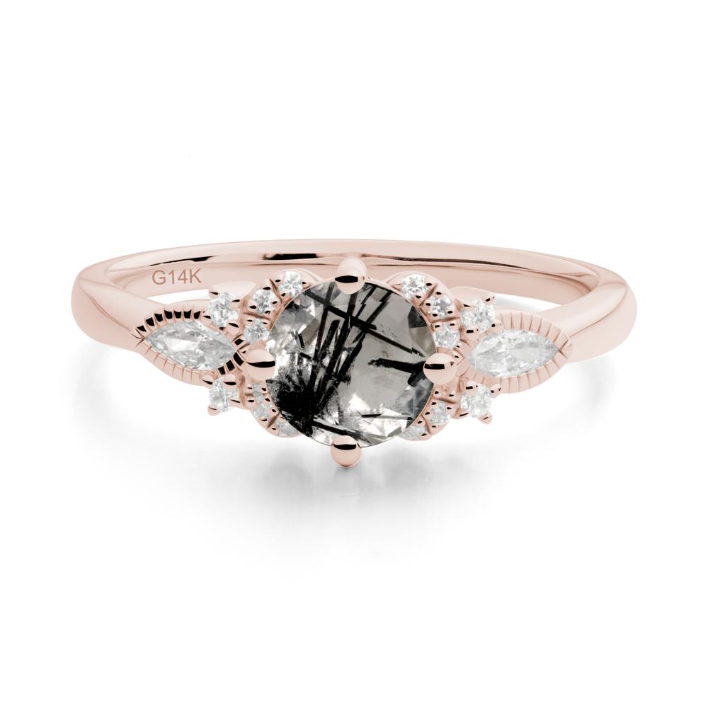 Round Black Rutilated Quartz Floral Statement Ring - LUO Jewelry #metal_14k rose gold