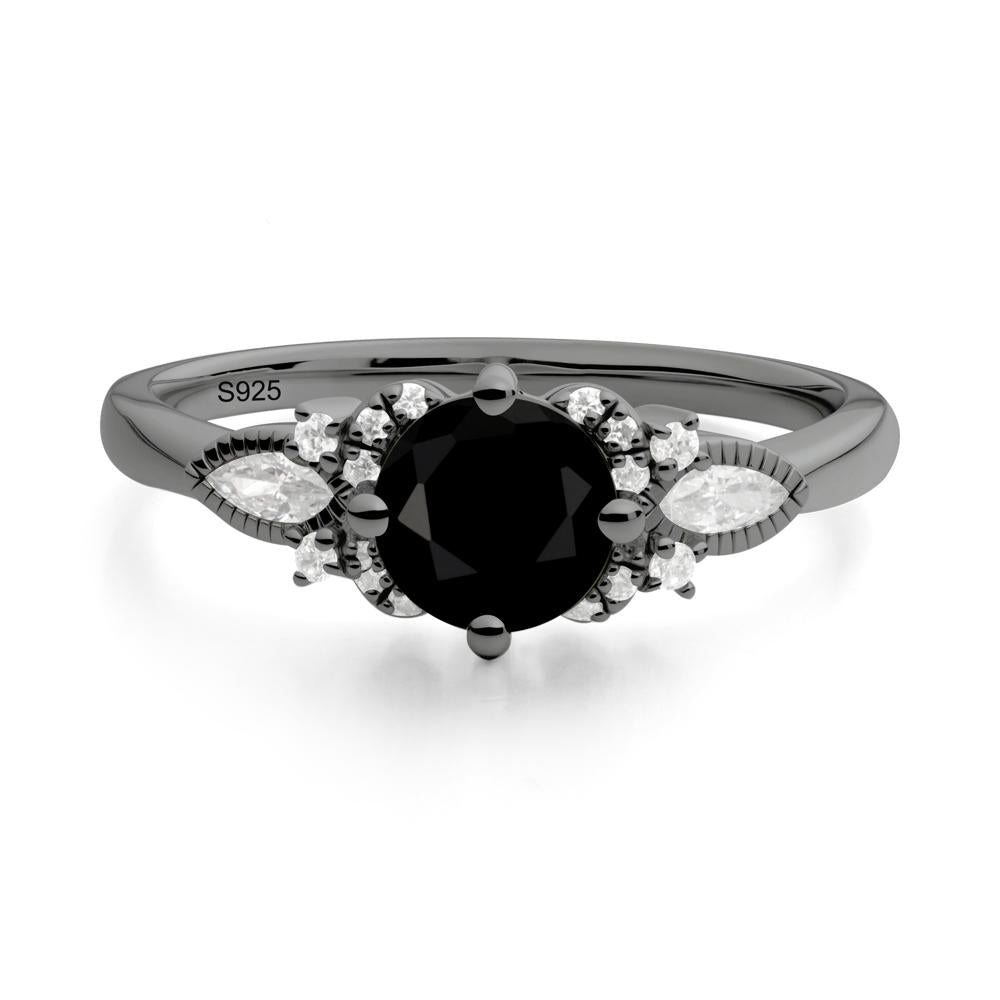 Round Black Spinel Floral Statement Ring - LUO Jewelry #metal_black finish sterling silver