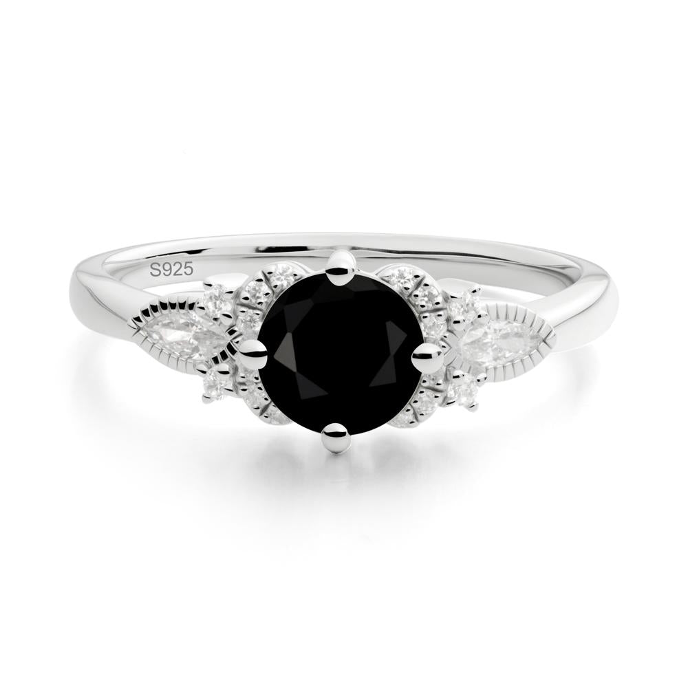 Round Black Spinel Floral Statement Ring - LUO Jewelry #metal_sterling silver