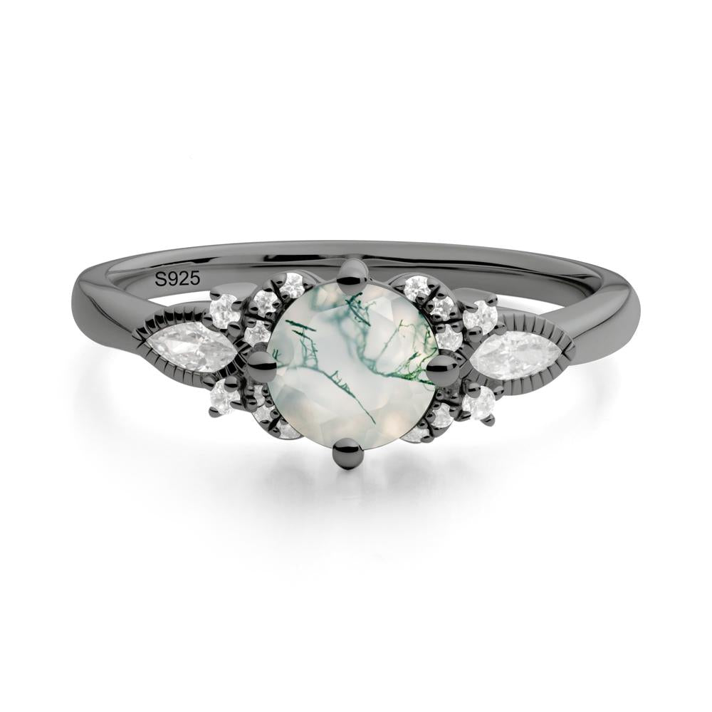 Round Moss Agate Floral Statement Ring - LUO Jewelry #metal_black finish sterling silver