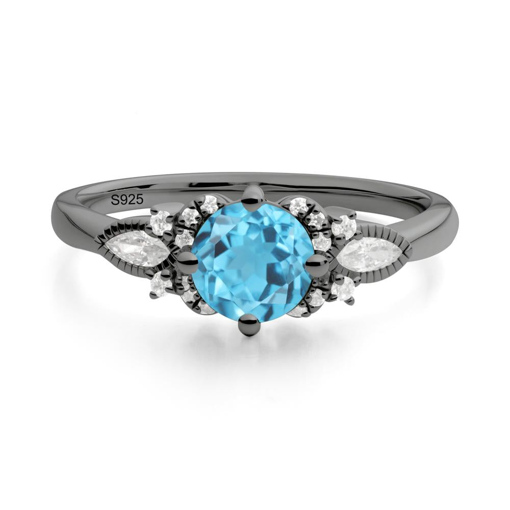 Round Swiss Blue Topaz Floral Statement Ring - LUO Jewelry #metal_black finish sterling silver