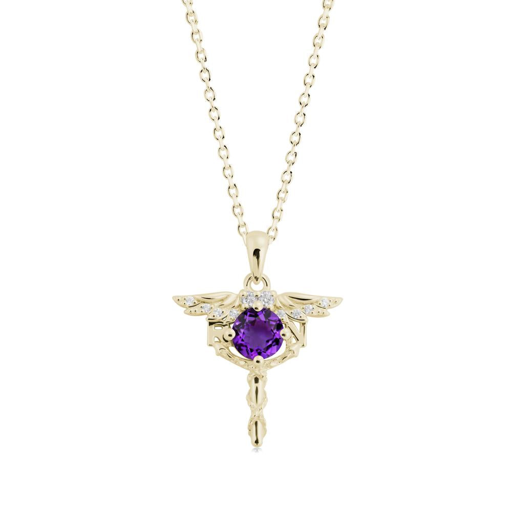 Round Amethyst Caduceus Necklace - LUO Jewelry #metal_14k yellow gold