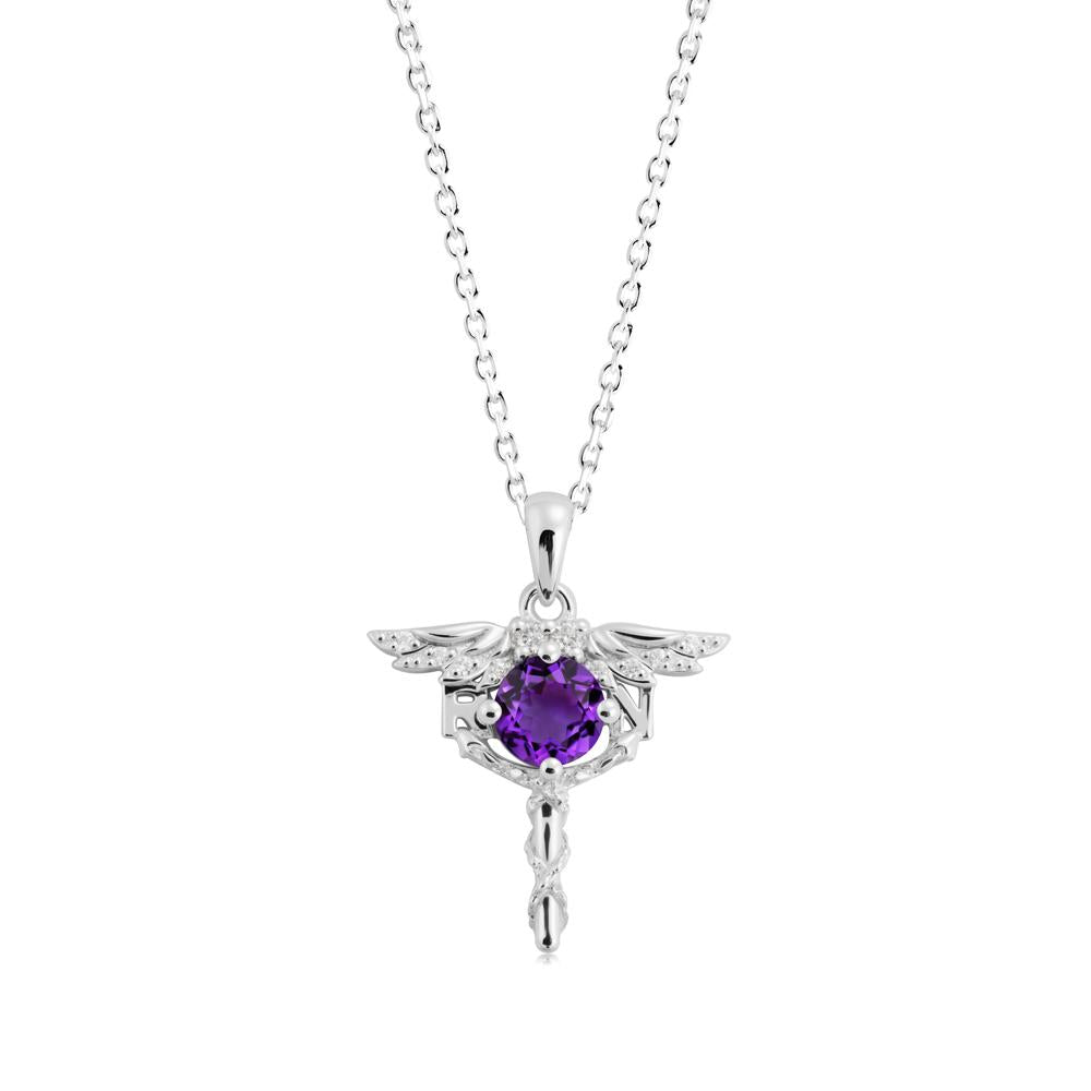 Round Amethyst Caduceus Necklace - LUO Jewelry #metal_18k white gold