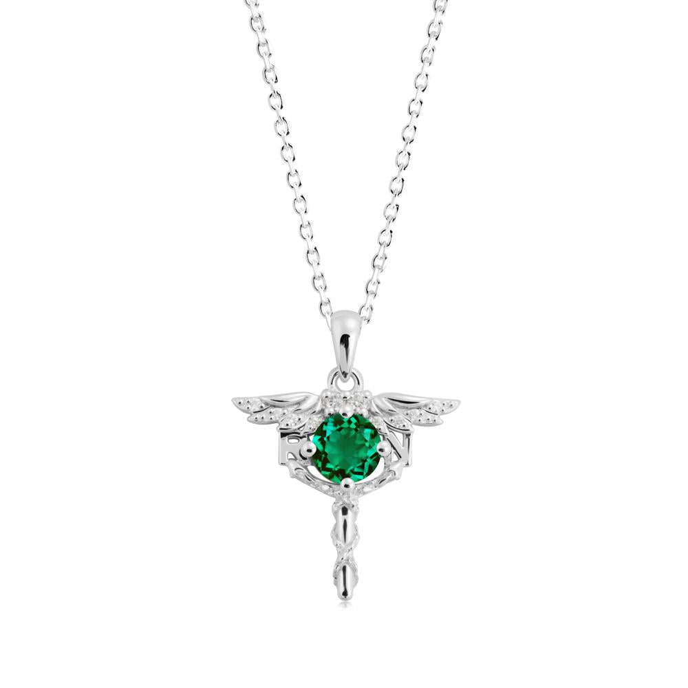 Round Emerald Caduceus Necklace - LUO Jewelry #metal_18k white gold