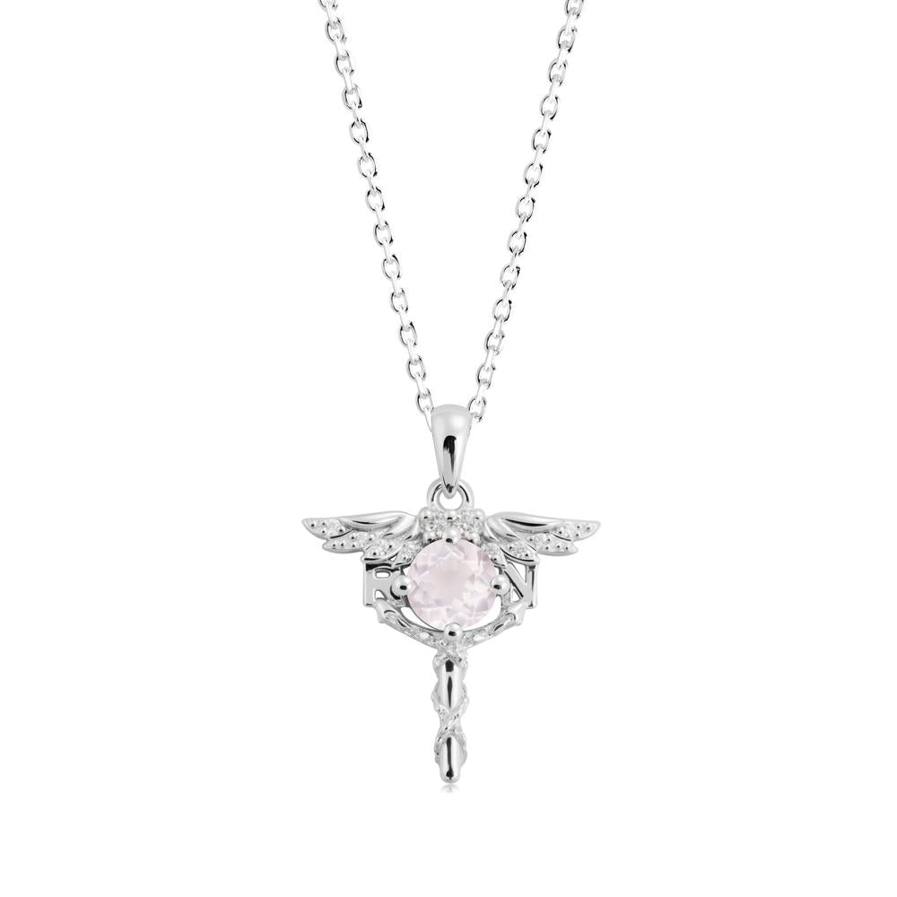 Round Rose Quartz Caduceus Necklace - LUO Jewelry #metal_14k white gold