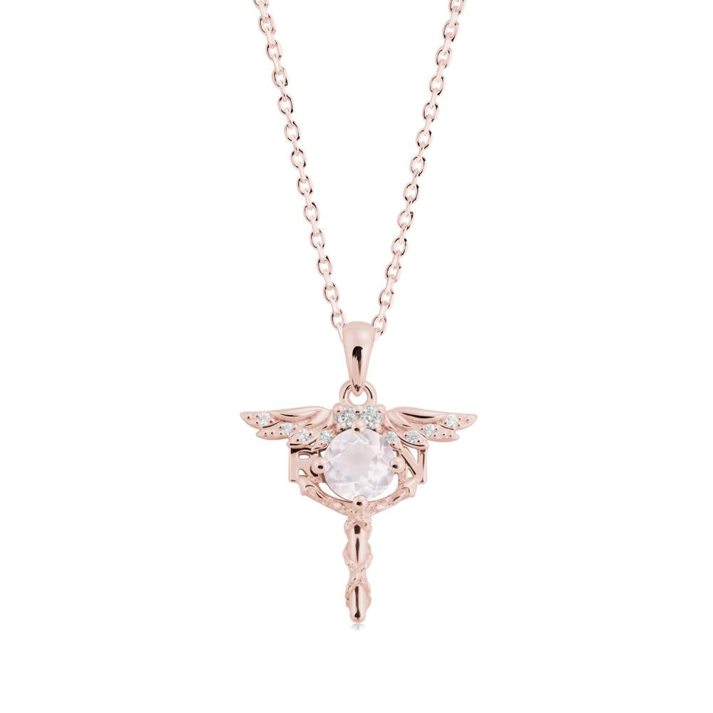 Round Rose Quartz Caduceus Necklace - LUO Jewelry #metal_18k rose gold