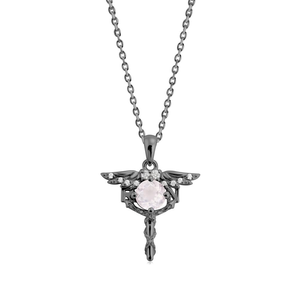 Round Rose Quartz Caduceus Necklace - LUO Jewelry #metal_black finish sterling silver