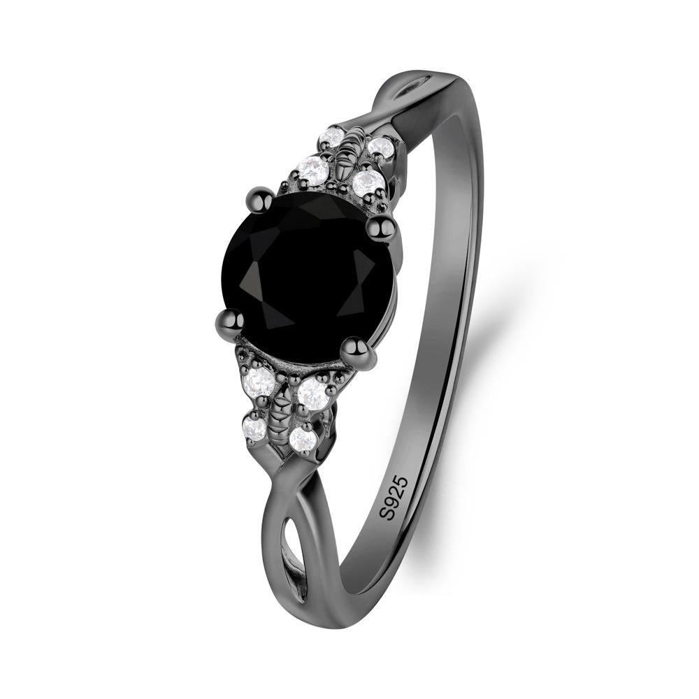 Round Black Spinel Butterfly Ring - LUO Jewelry #metal_black finish sterling silver