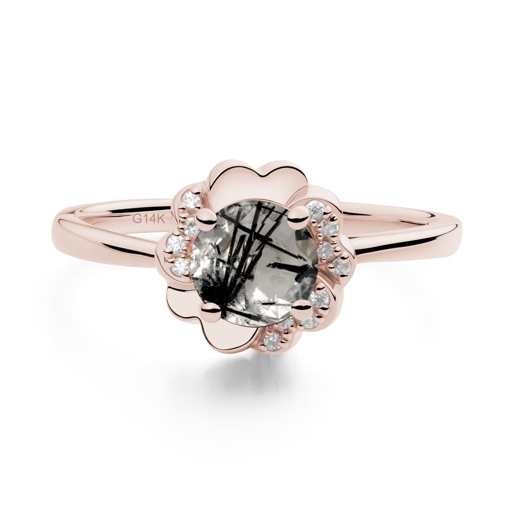 Round Black Rutilated Quartz Floral Engagement Ring - LUO Jewelry #metal_14k rose gold