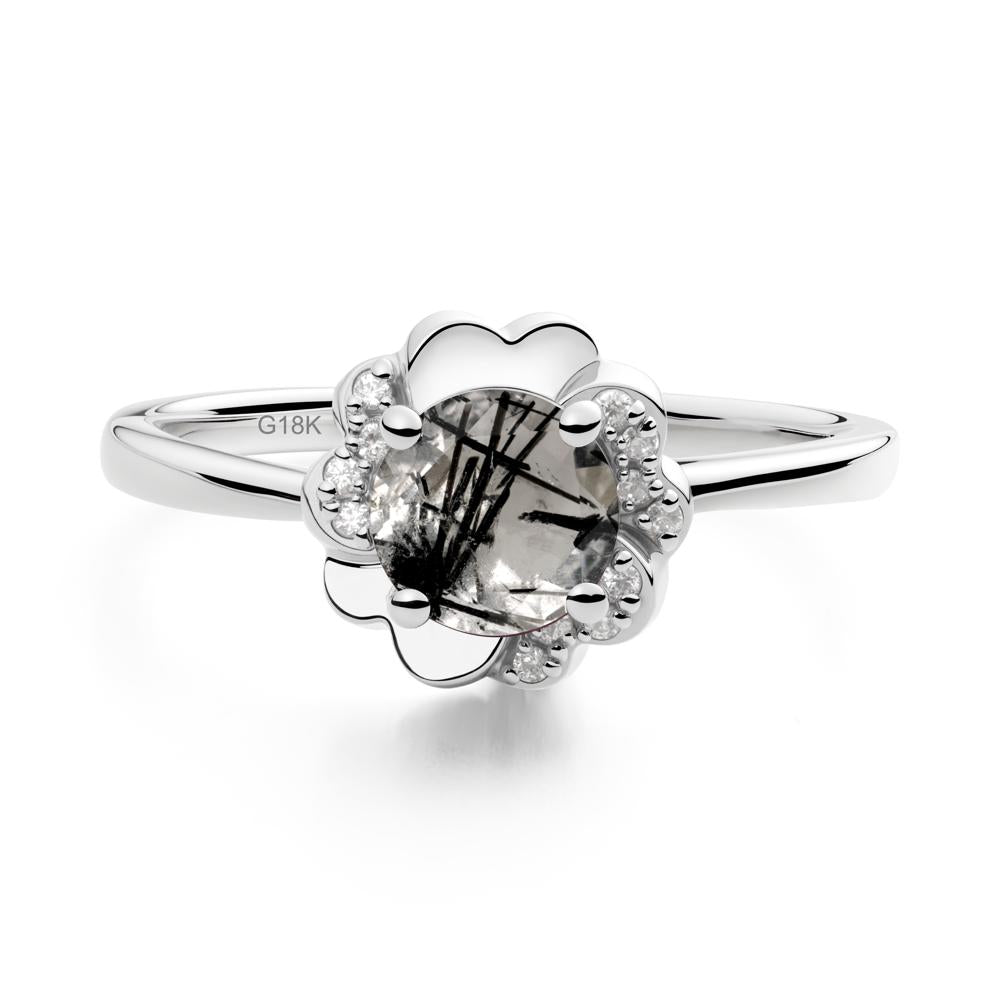 Round Black Rutilated Quartz Floral Engagement Ring - LUO Jewelry #metal_18k white gold