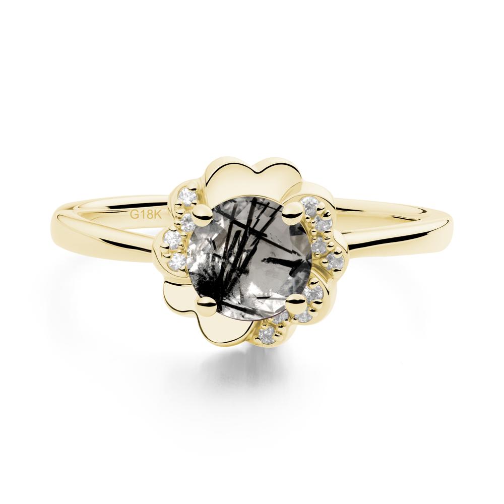 Round Black Rutilated Quartz Floral Engagement Ring - LUO Jewelry #metal_18k yellow gold