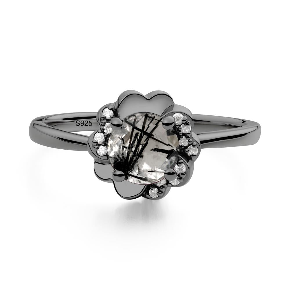 Round Black Rutilated Quartz Floral Engagement Ring - LUO Jewelry #metal_black finish sterling silver