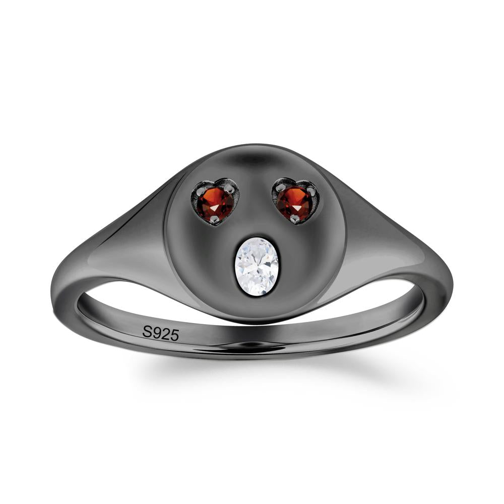 Emoji Inspired Cubic Zirconia and Garnet Signet Ring - LUO Jewelry #metal_black finish sterling silver