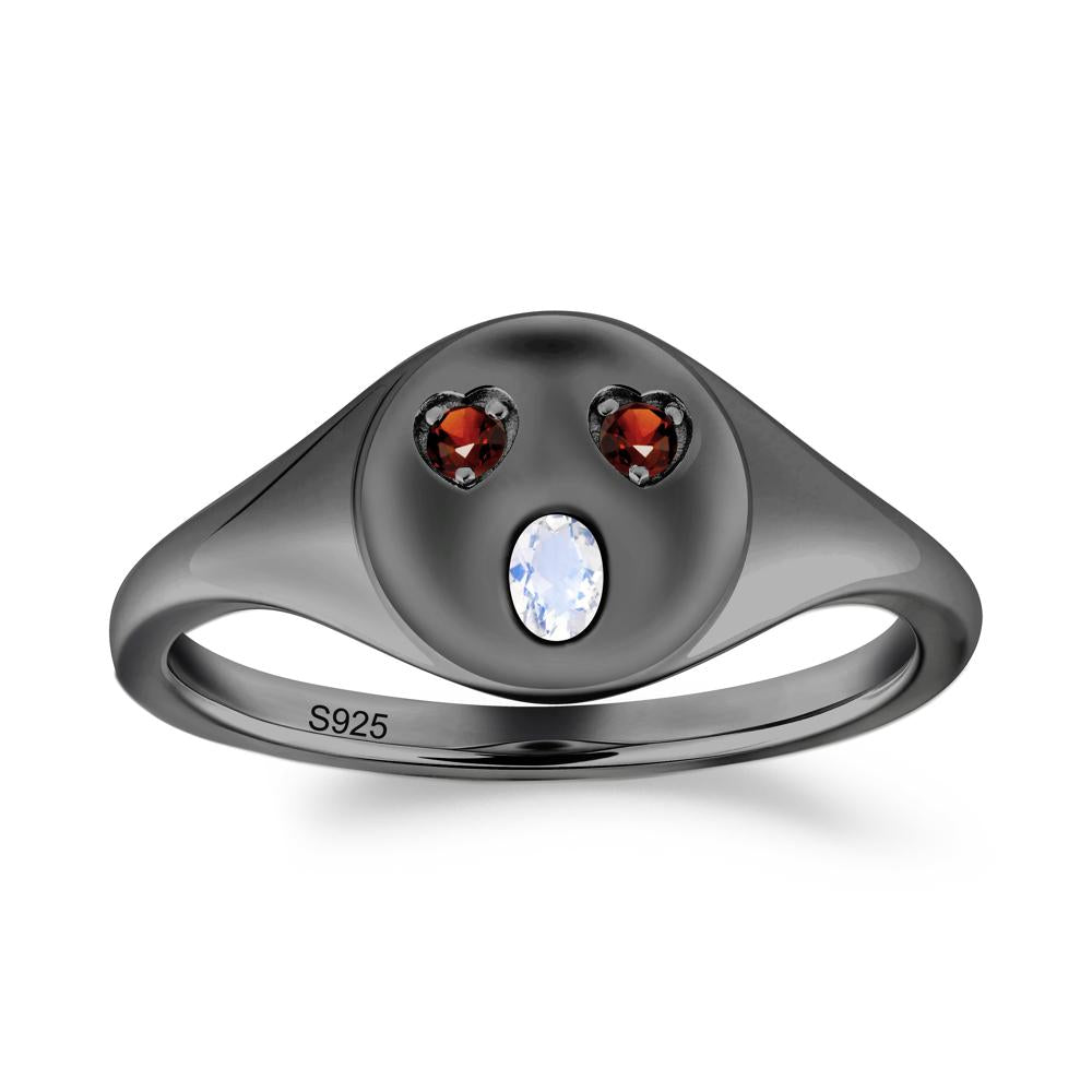 Emoji Inspired Moonstone and Garnet Signet Ring - LUO Jewelry #metal_black finish sterling silver