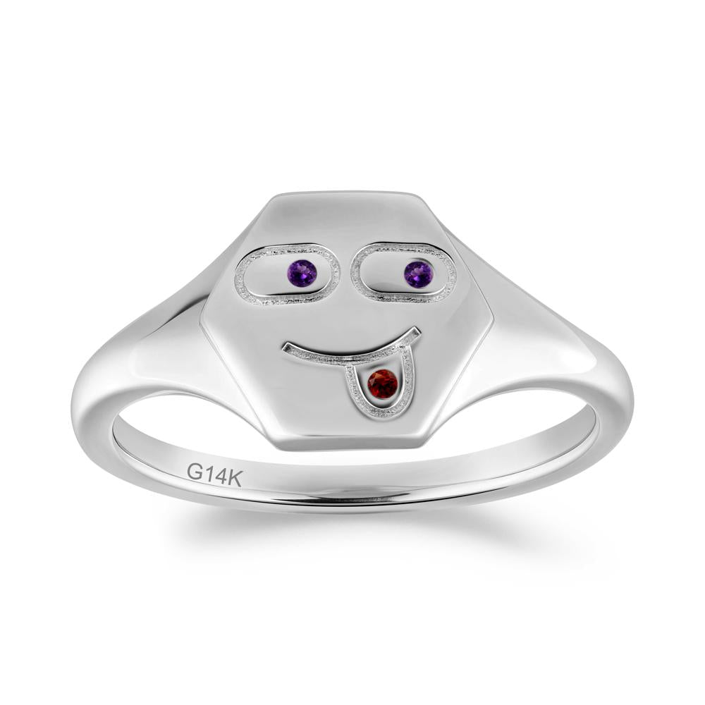 Hexagon Emoji Garnet and Amethyst Signet Ring - LUO Jewelry #metal_14k white gold