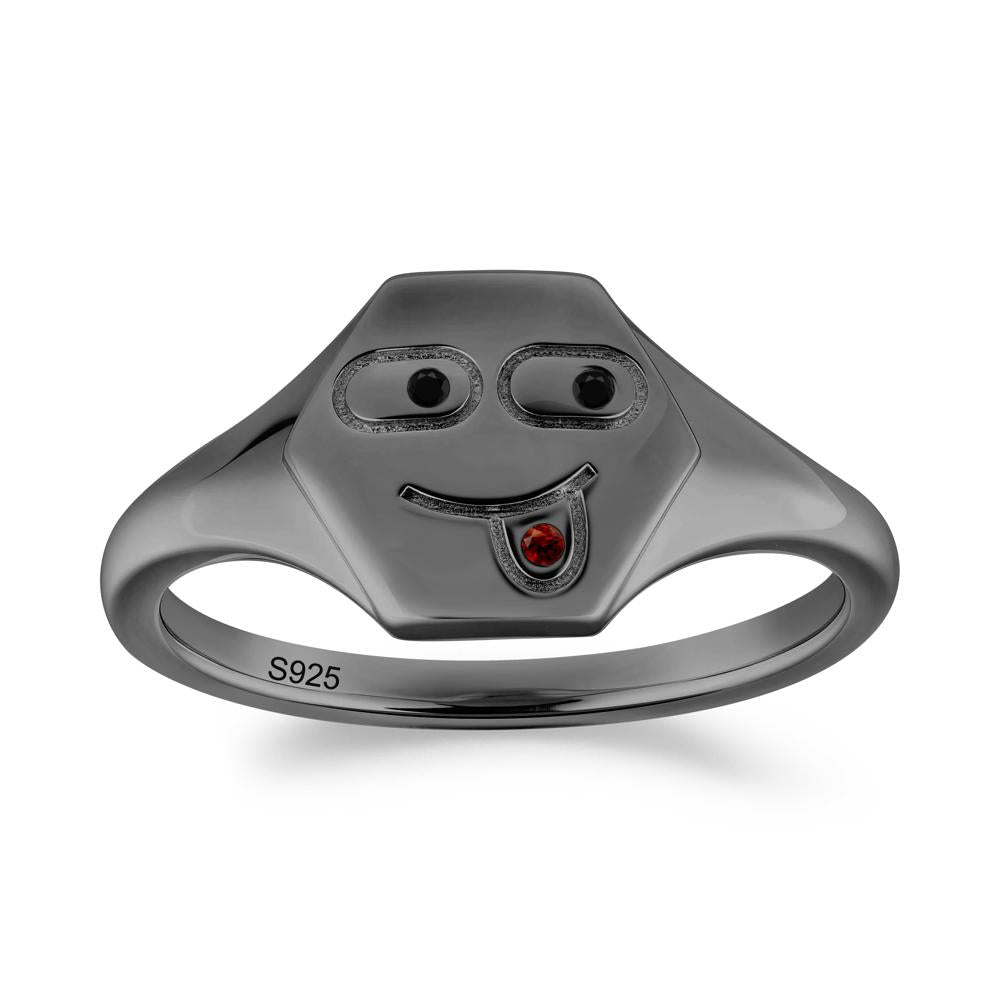 Hexagon Emoji Black Spinel and Garnet Signet Ring - LUO Jewelry #metal_black finish sterling silver