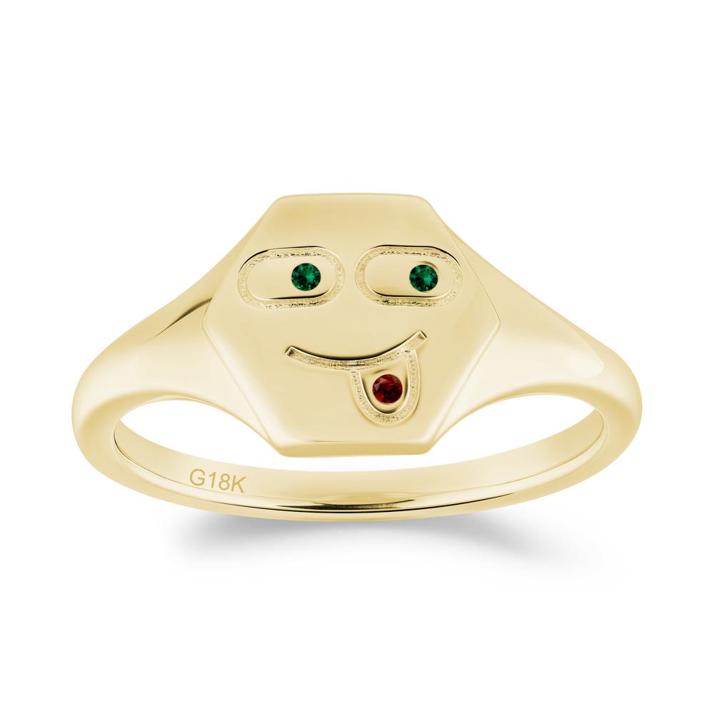 Hexagon Emoji Signet Emerald and Garnet Ring - LUO Jewelry #metal_18k yellow gold