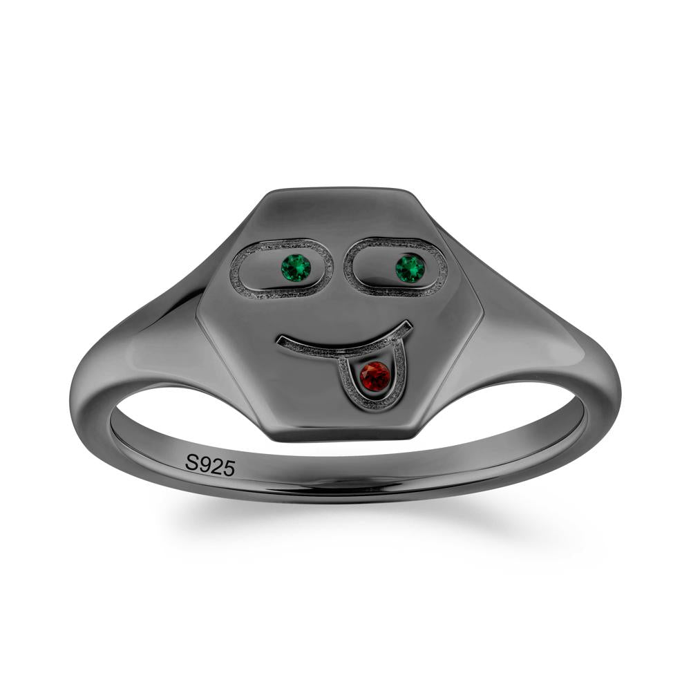 Hexagon Emoji Signet Emerald and Garnet Ring - LUO Jewelry #metal_black finish sterling silver