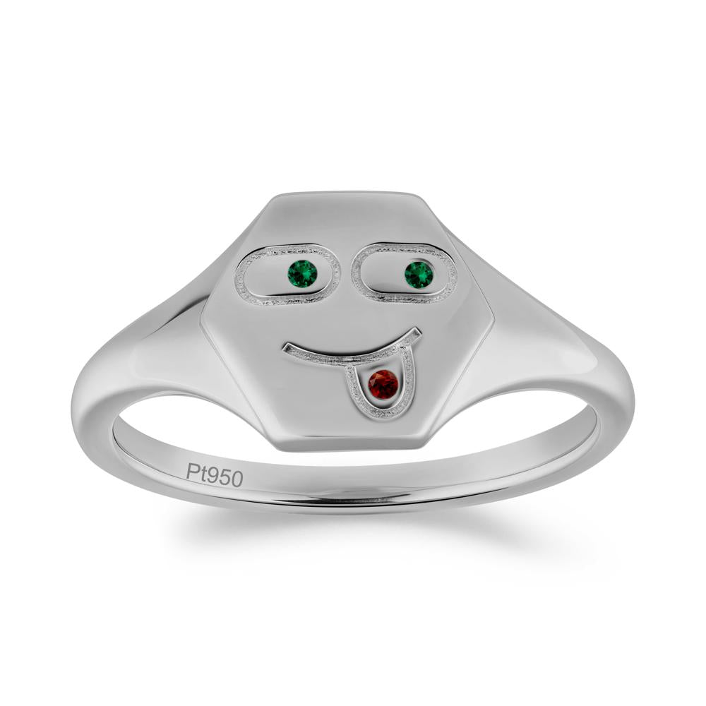 Hexagon Emoji Signet Emerald and Garnet Ring - LUO Jewelry #metal_platinum