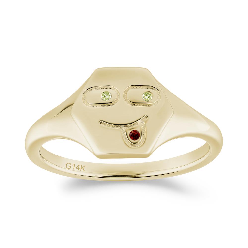 Hexagon Emoji Garnet and Peridot Signet Ring - LUO Jewelry #metal_14k yellow gold