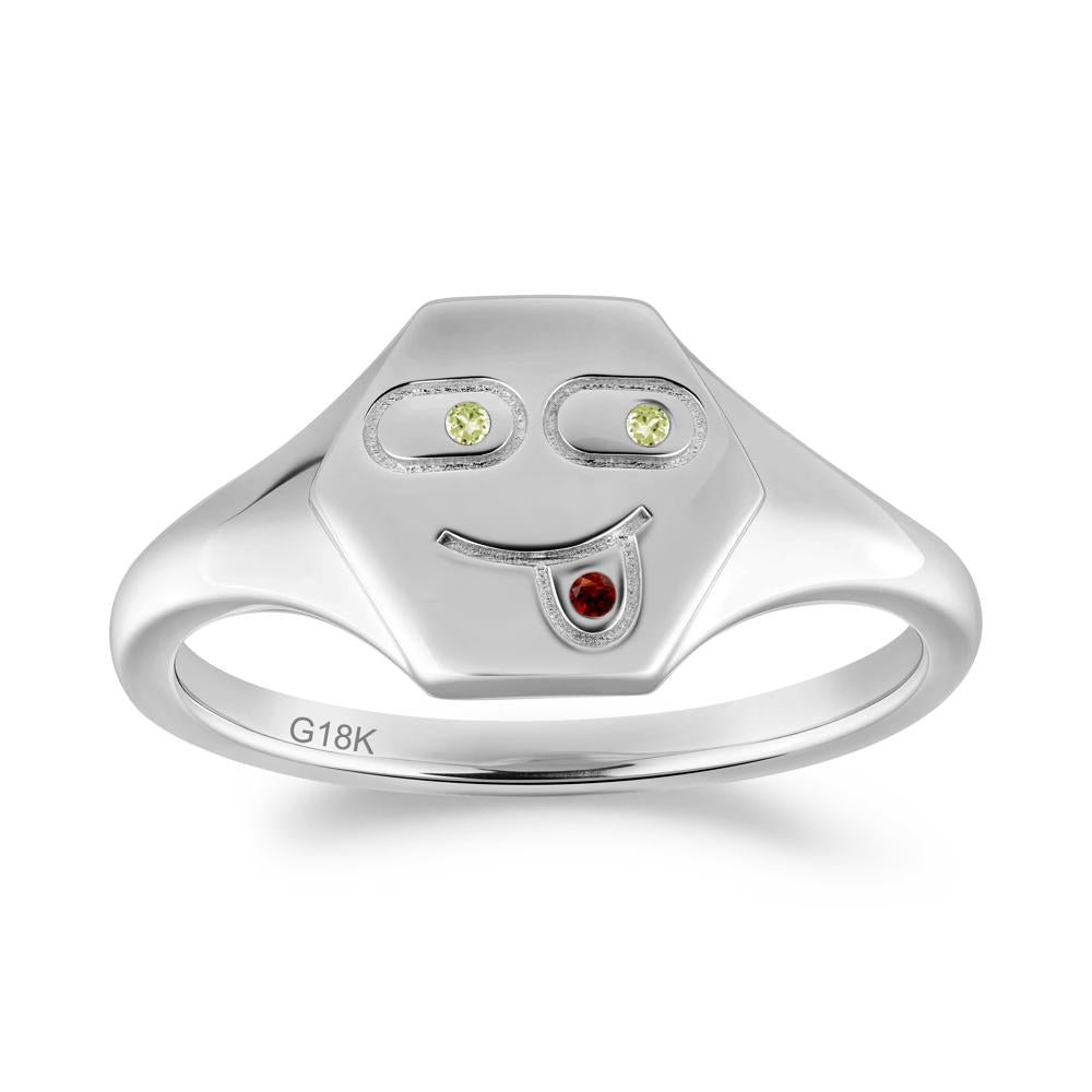 Hexagon Emoji Garnet and Peridot Signet Ring - LUO Jewelry #metal_18k white gold