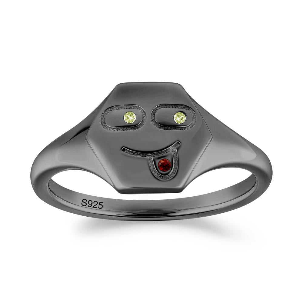 Hexagon Emoji Garnet and Peridot Signet Ring - LUO Jewelry #metal_black finish sterling silver