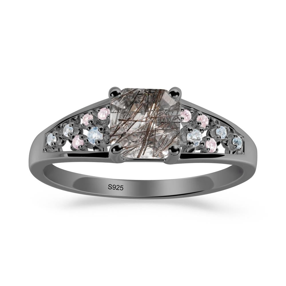 Asscher Cut Black Rutilated Quartz Cluster Ring - LUO Jewelry #metal_black finish sterling silver