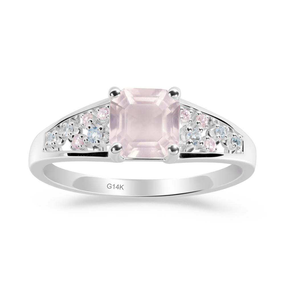 Asscher Cut Rose Quartz Cluster Ring - LUO Jewelry #metal_14k white gold