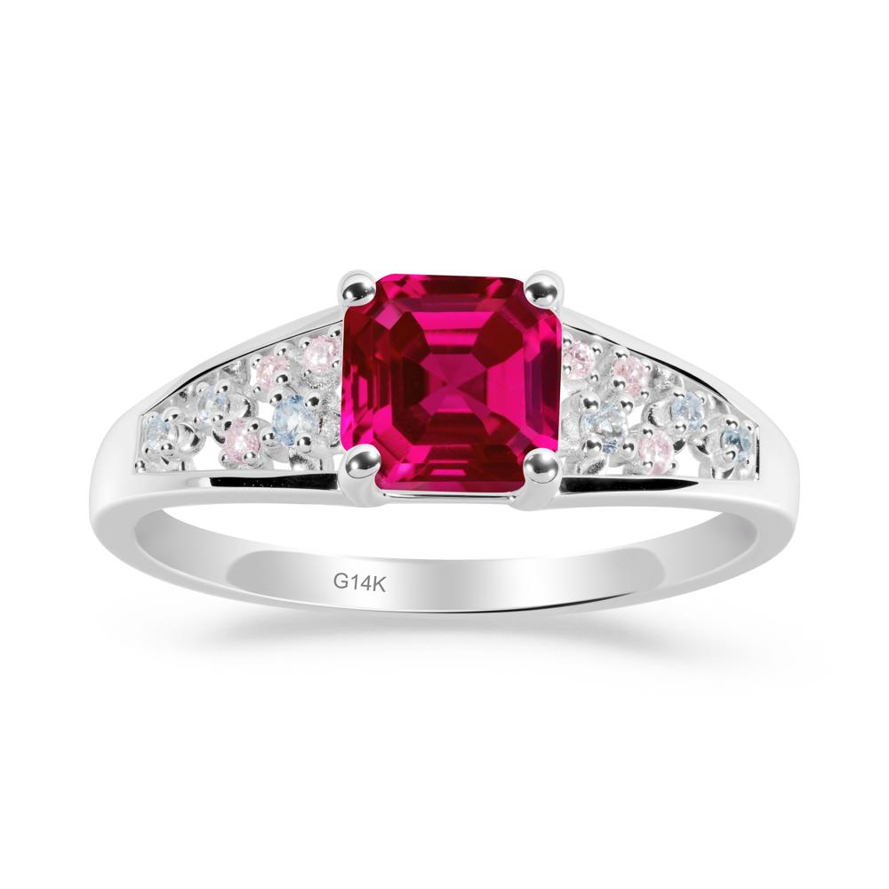 Asscher Cut Ruby Cluster Ring - LUO Jewelry #metal_14k white gold