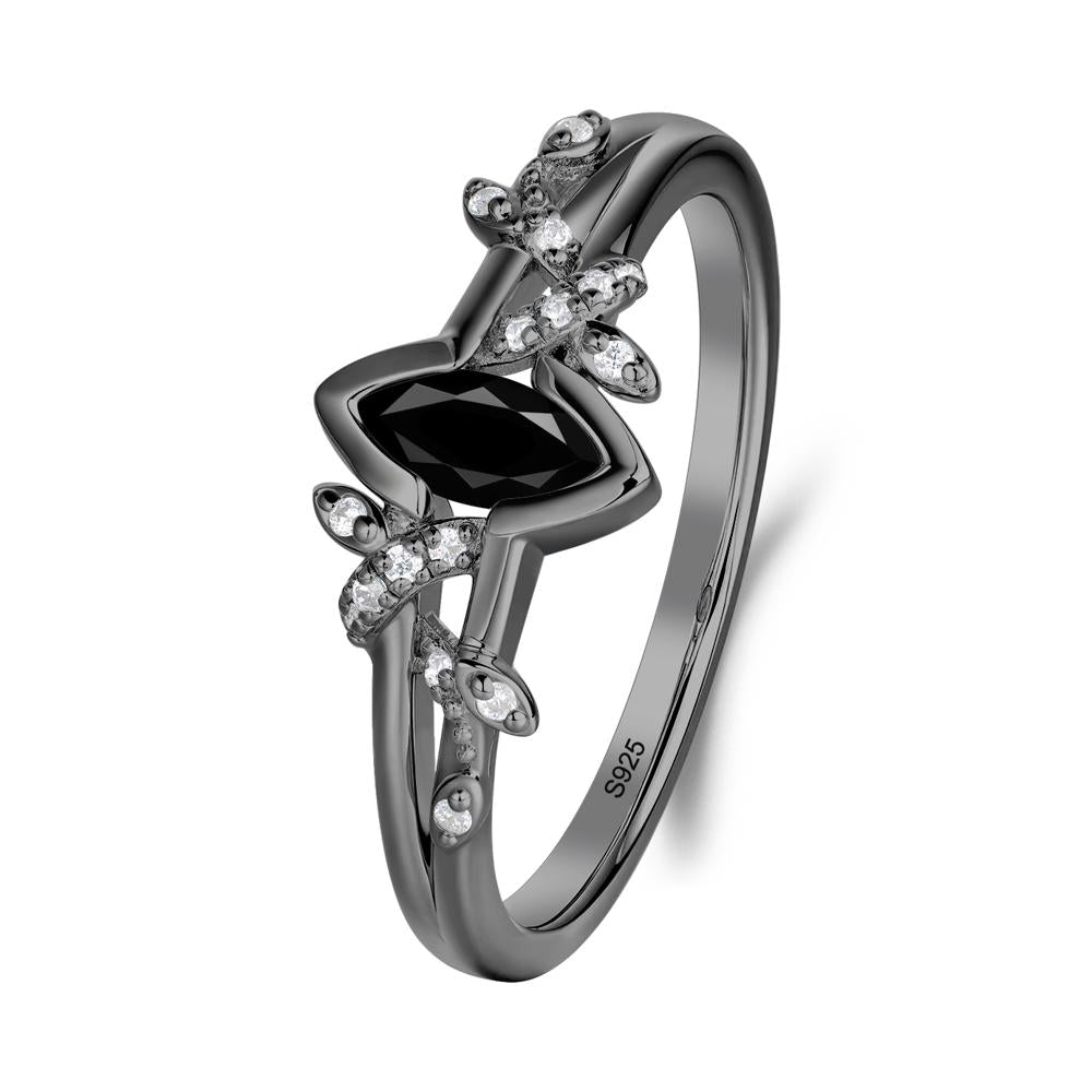 Unique Marquise Black Spinel Leaf Ring - LUO Jewelry #metal_black finish sterling silver