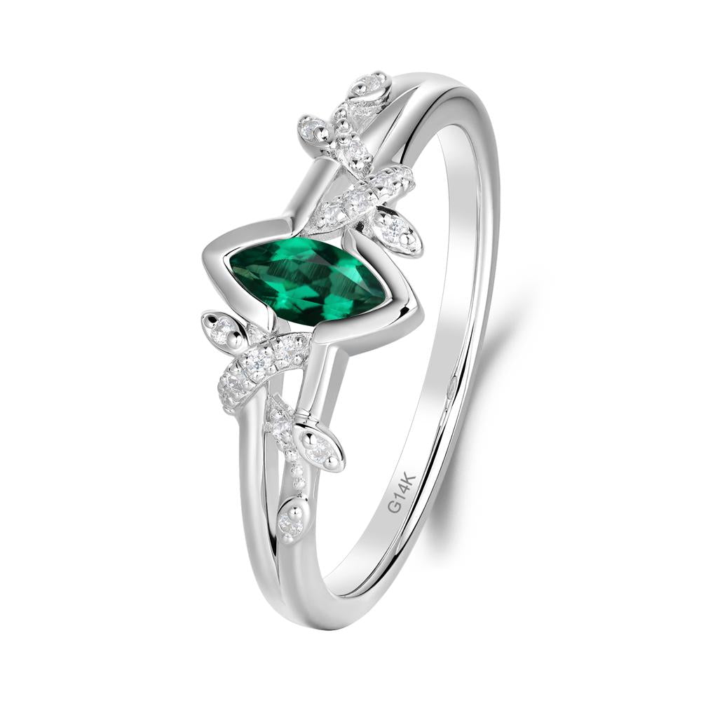 Leaf Marquise Emerald Ring with Split Shank - LUO Jewelry #metal_14k white gold