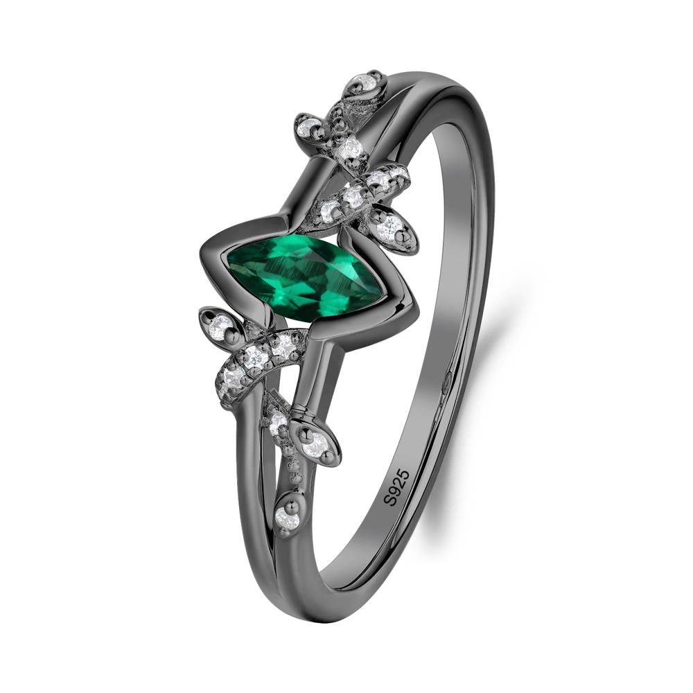 Leaf Marquise Emerald Ring with Split Shank - LUO Jewelry #metal_black finish sterling silver