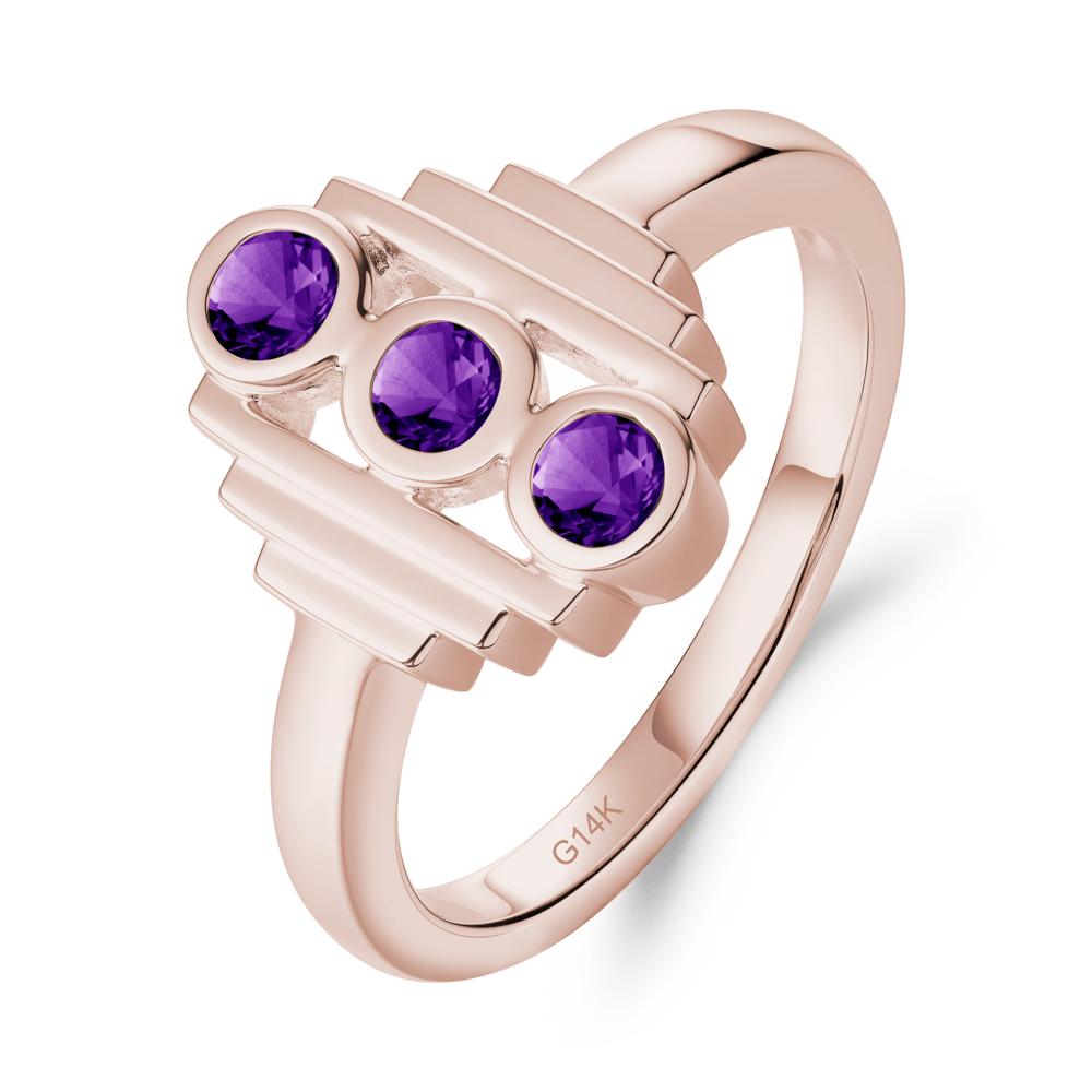 Geometric Round Amethyst Three Stone Ring - LUO Jewelry #metal_14k rose gold