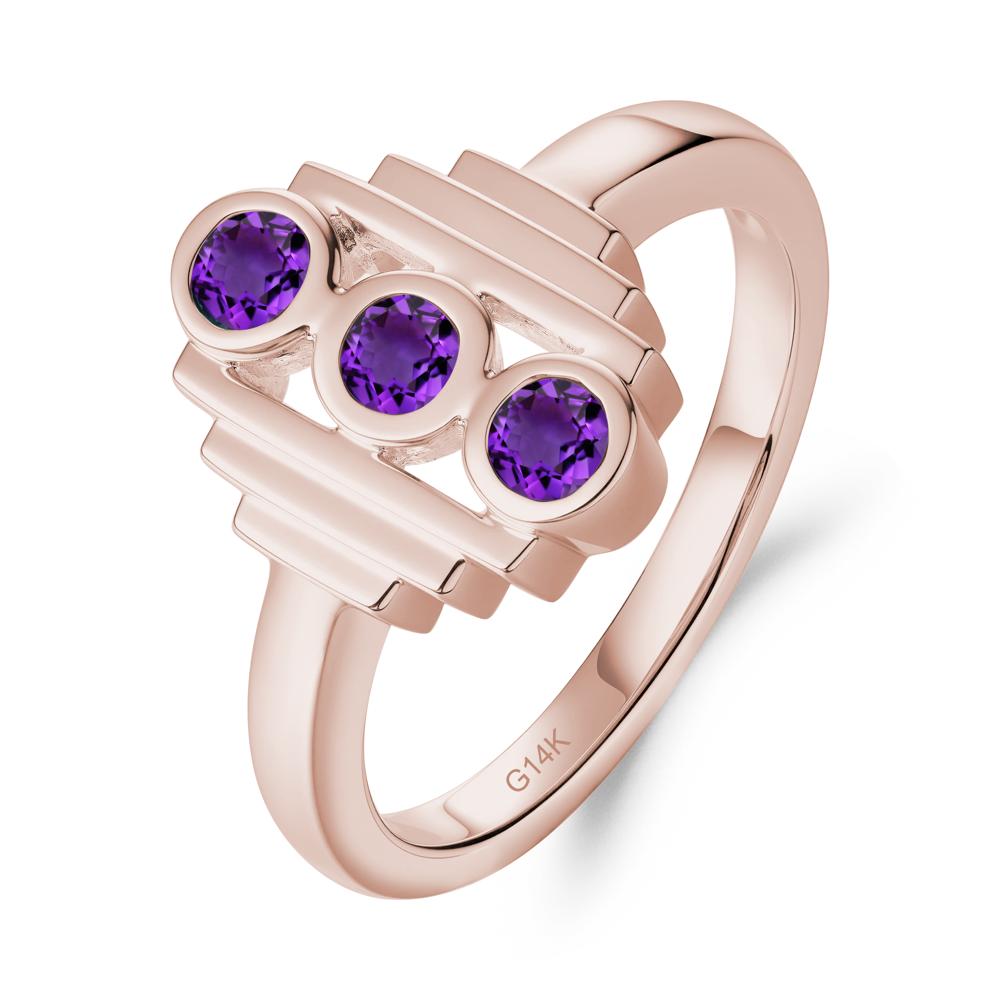 Geometric Round Amethyst Three Stone Ring - LUO Jewelry #metal_14k rose gold