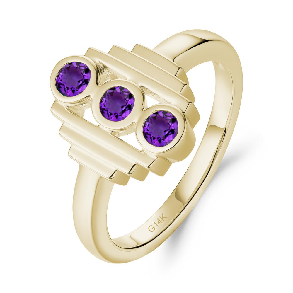 Geometric Round Amethyst Three Stone Ring - LUO Jewelry #metal_14k yellow gold